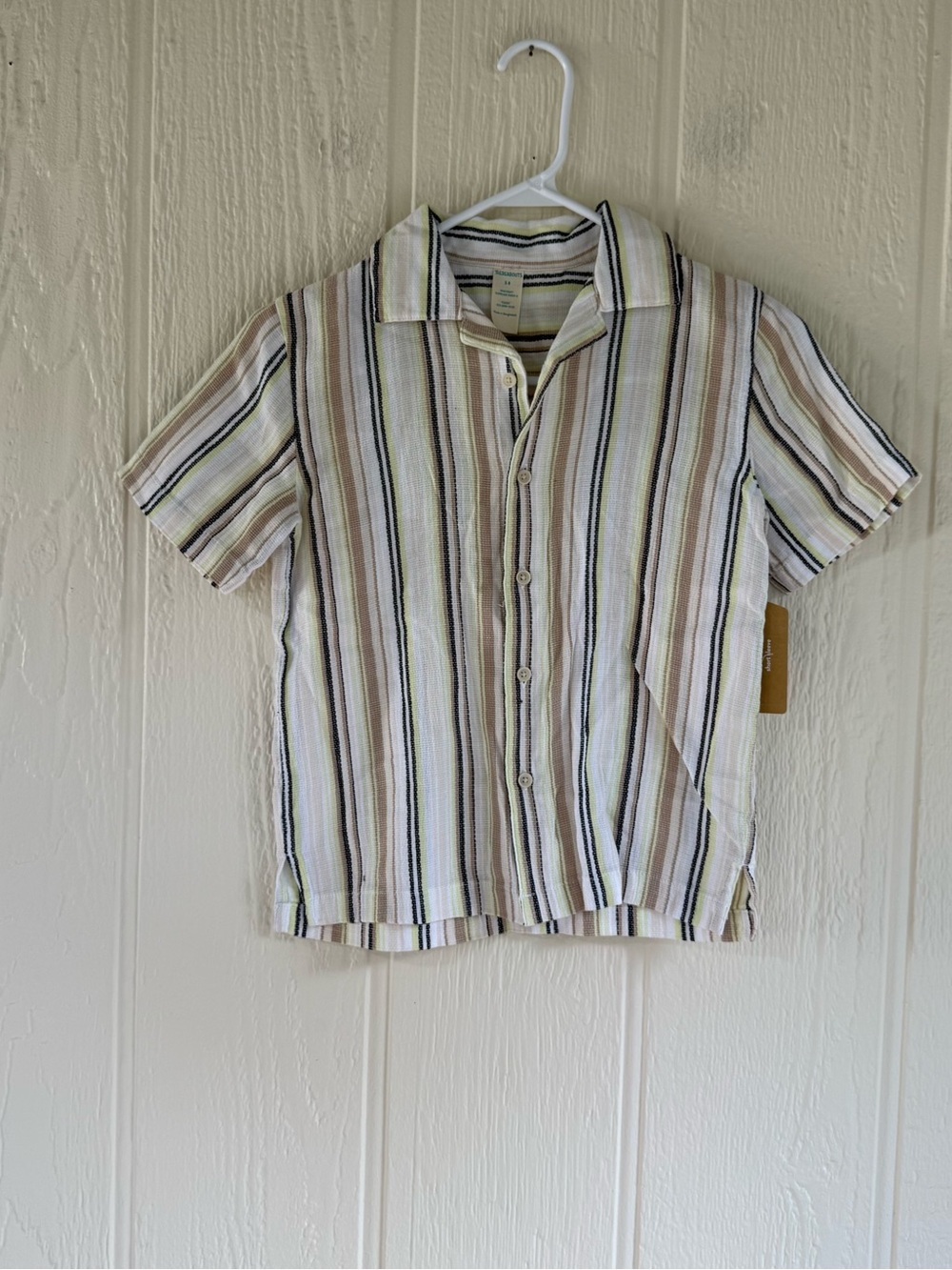 Thereabouts Short-Sleeve Striped Button-Down Shirt in Beige & Green
